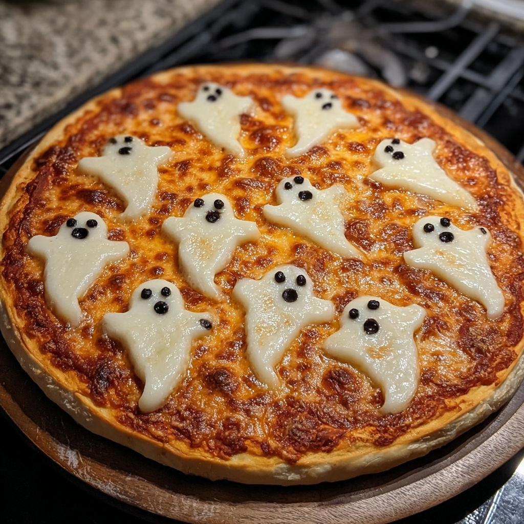 A pizza with ghost decorations on it.