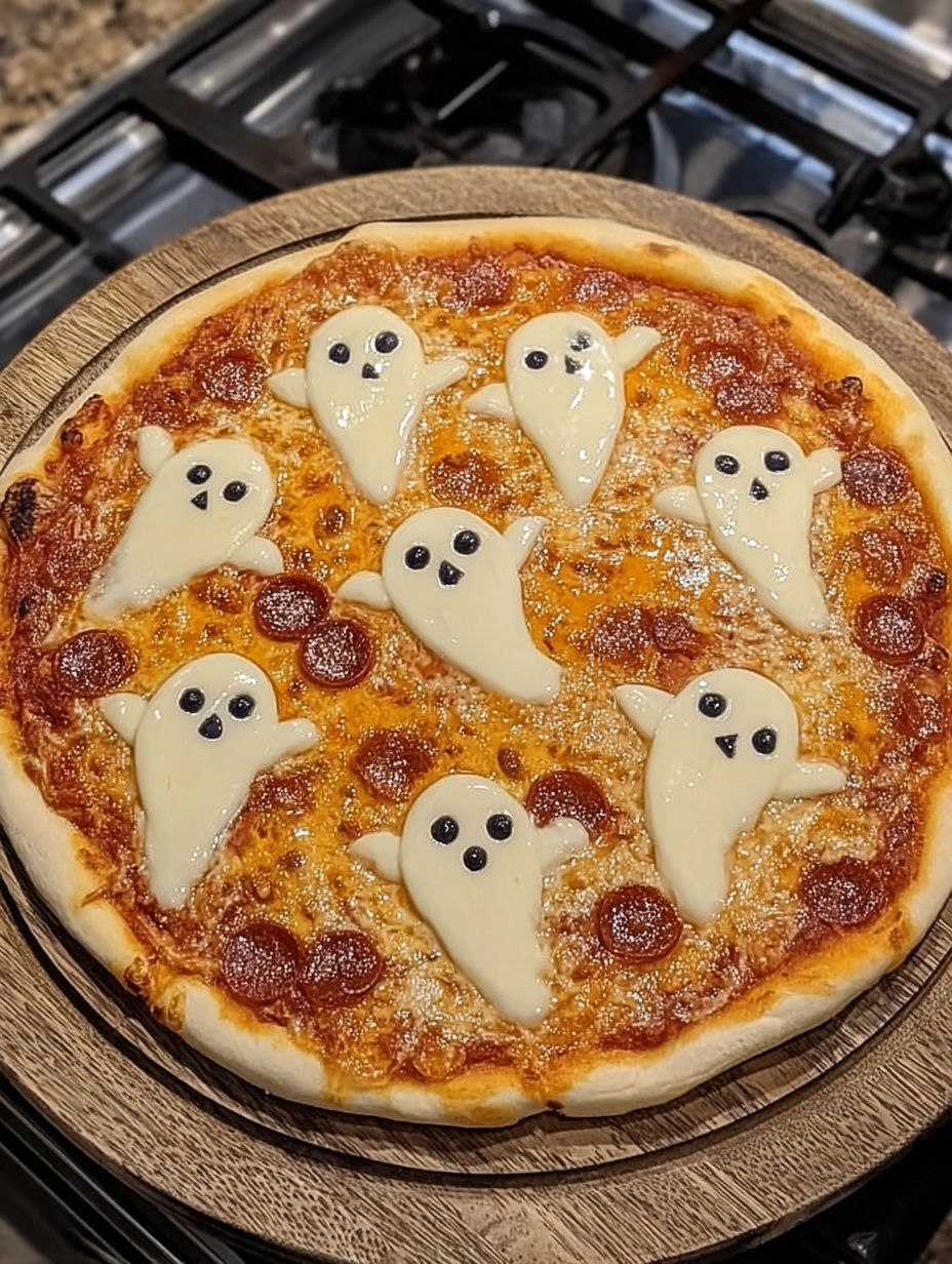A pizza with ghost decorations on it.
