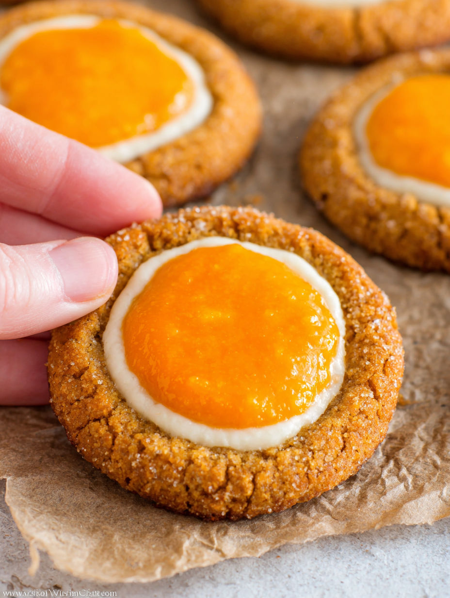 A hand pointing at a cookie with an orange filling.
