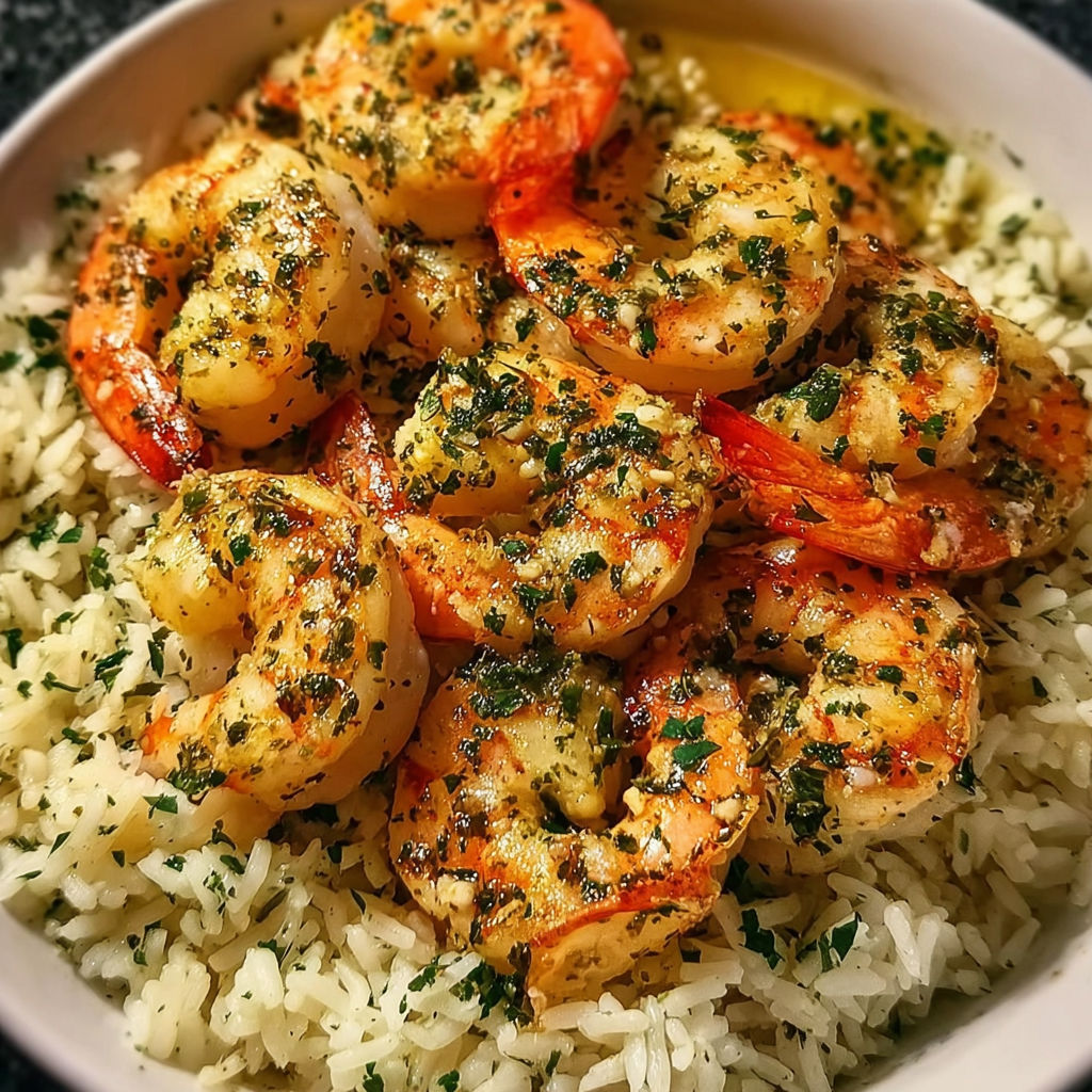A bowl of shrimp with herb rice and garlic butter.