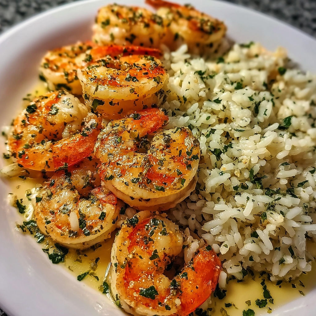 A plate of shrimp and rice.