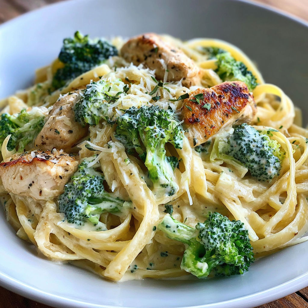 A plate of pasta with chicken and broccoli.