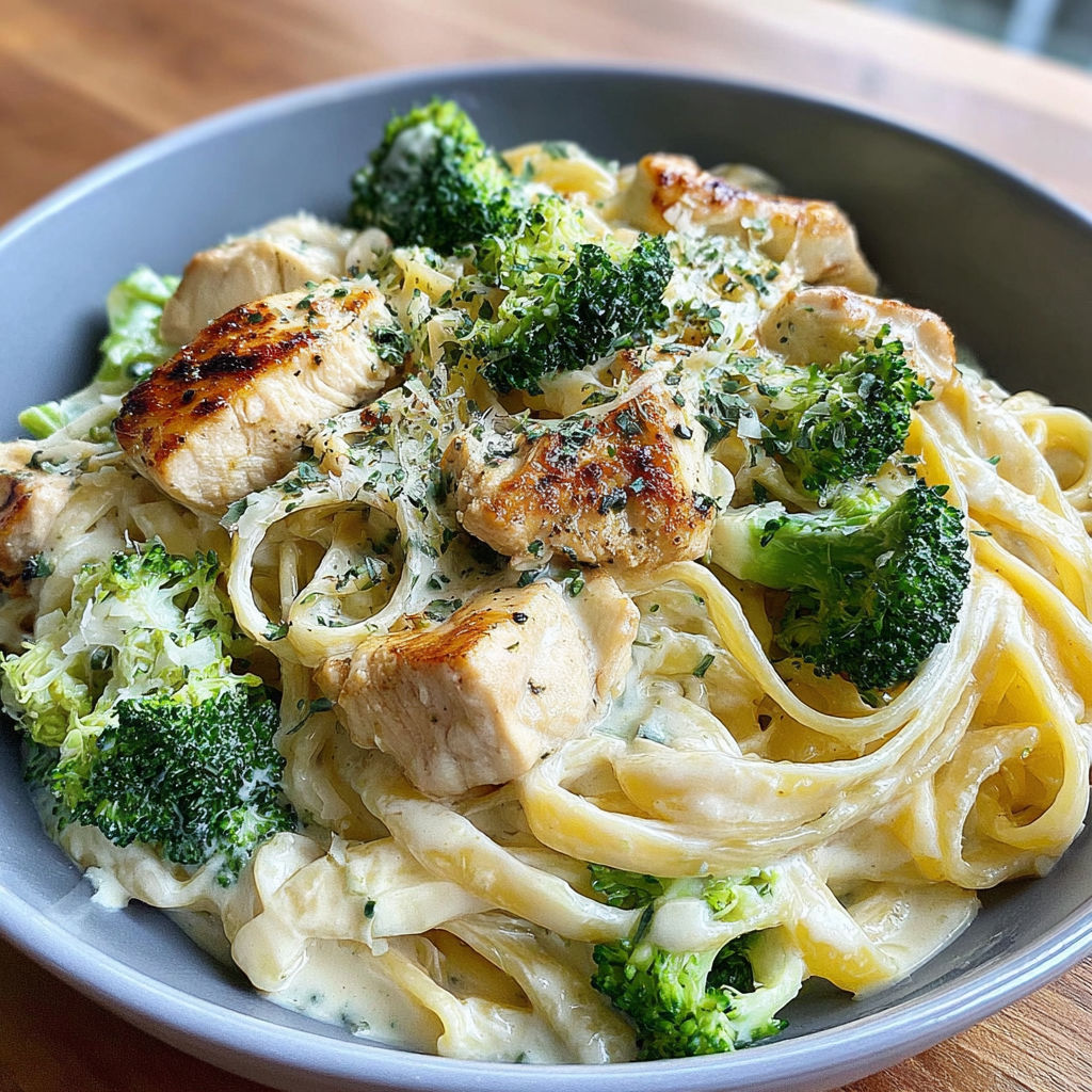 A bowl of pasta with chicken and broccoli.