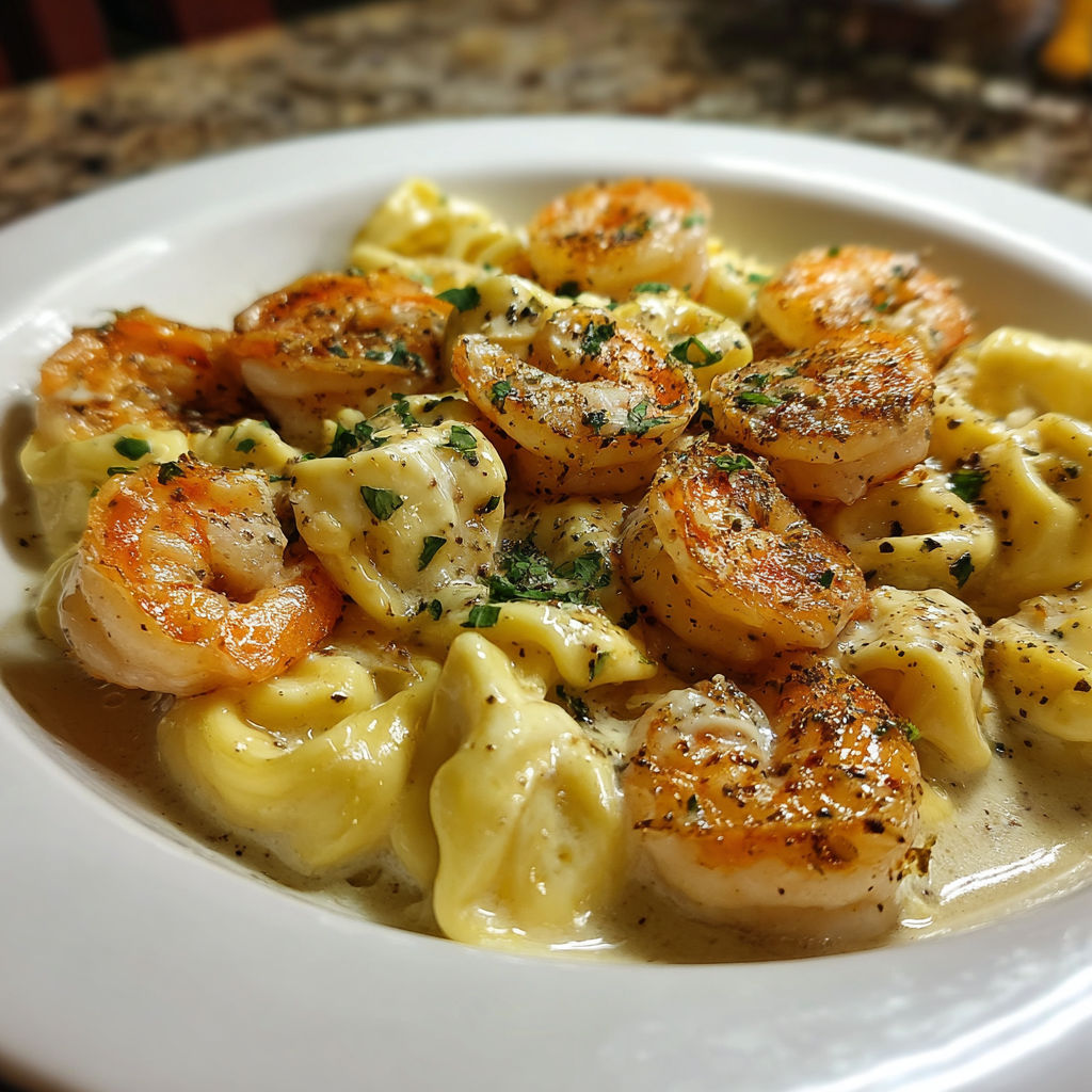 A plate of pasta with shrimp and cheese.