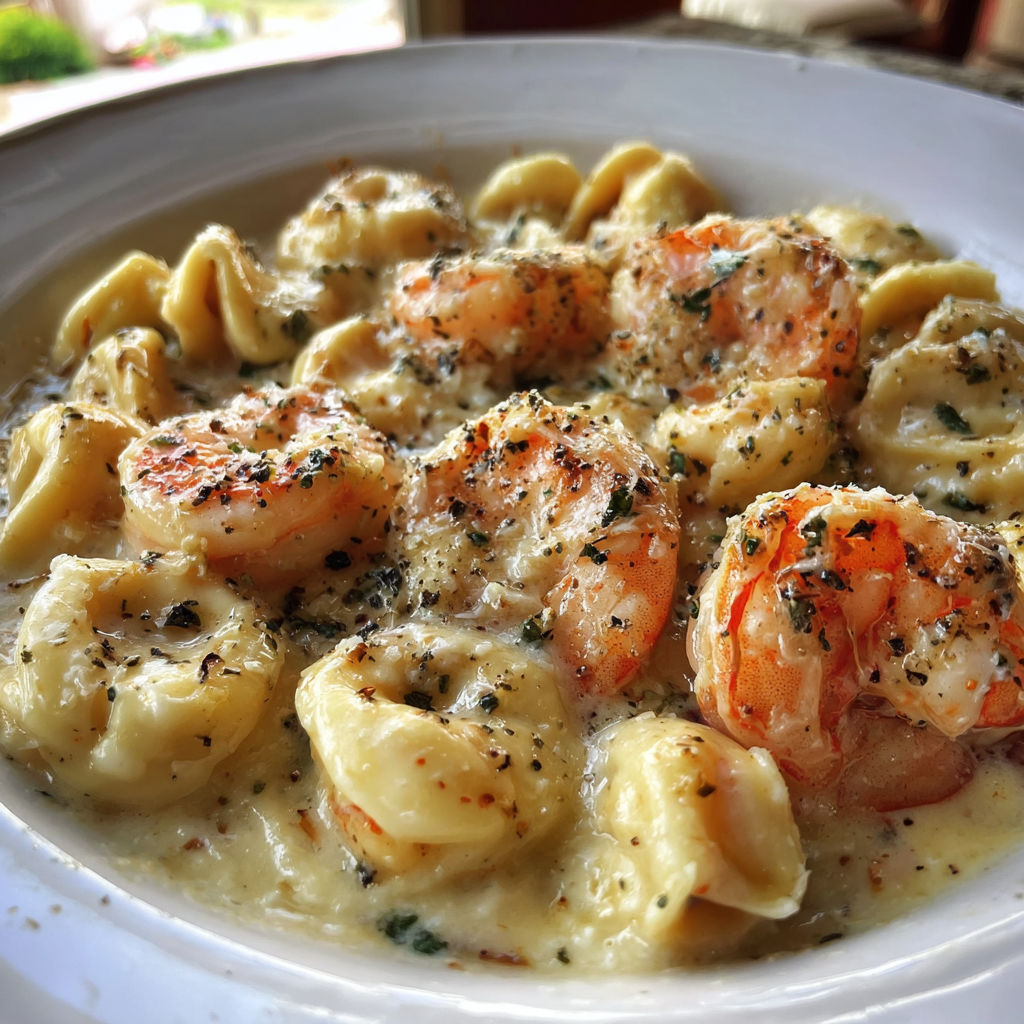 A plate of shrimp and pasta.