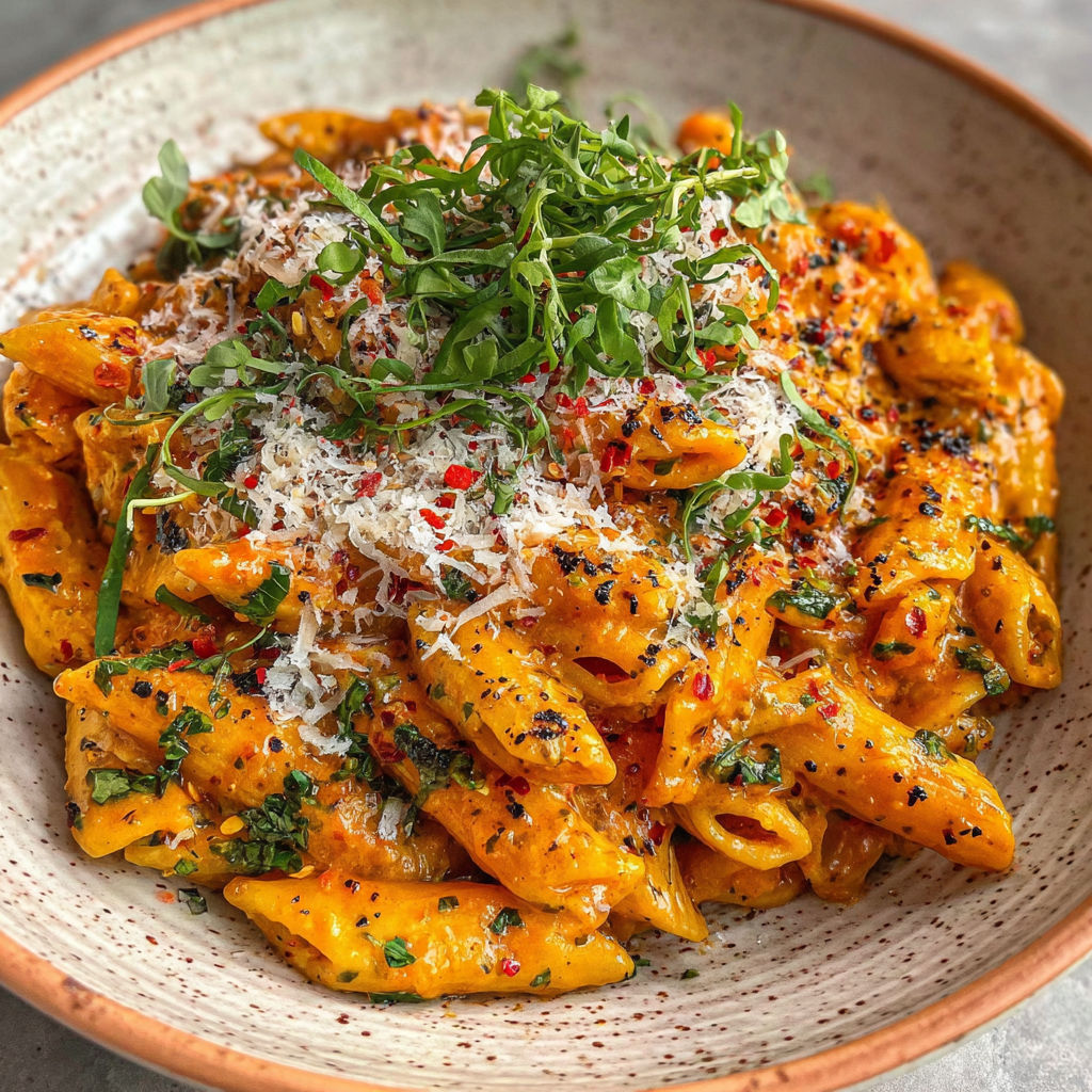 A bowl of pasta with cheese and herbs on top.