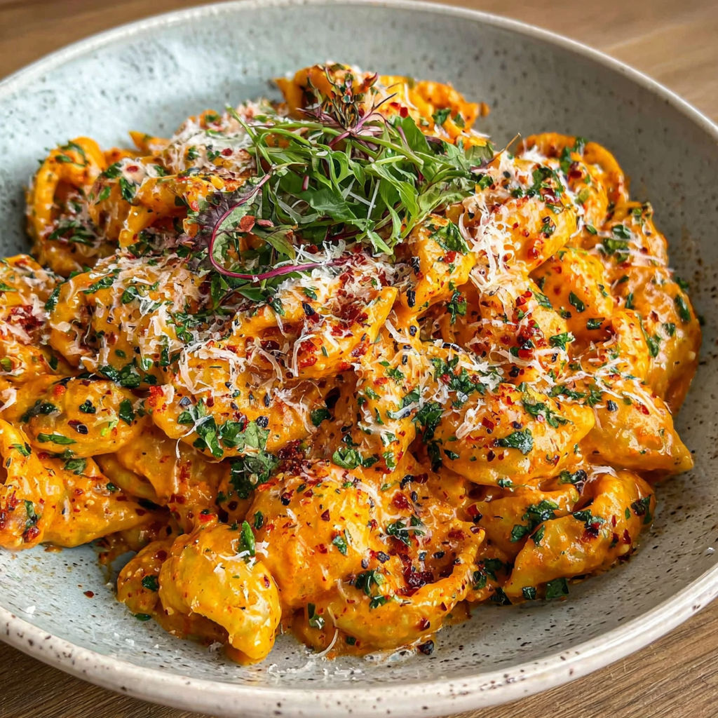 A bowl of pasta with cheese and herbs.