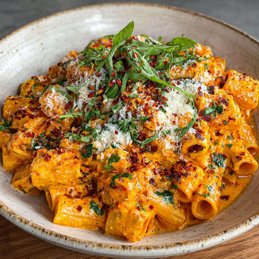 A bowl of pasta with cheese and herbs.