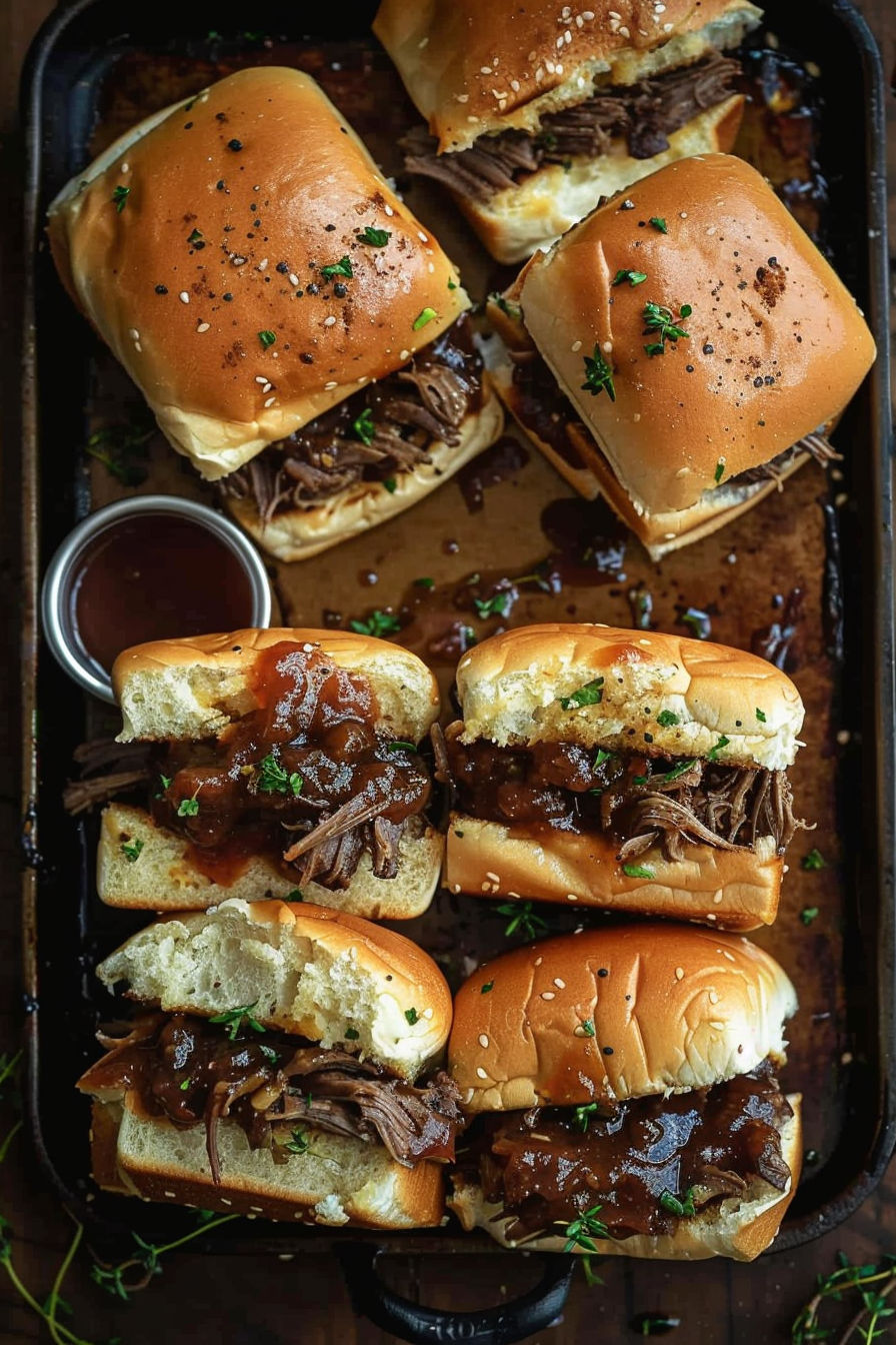 A tray of beef sliders with sauce.