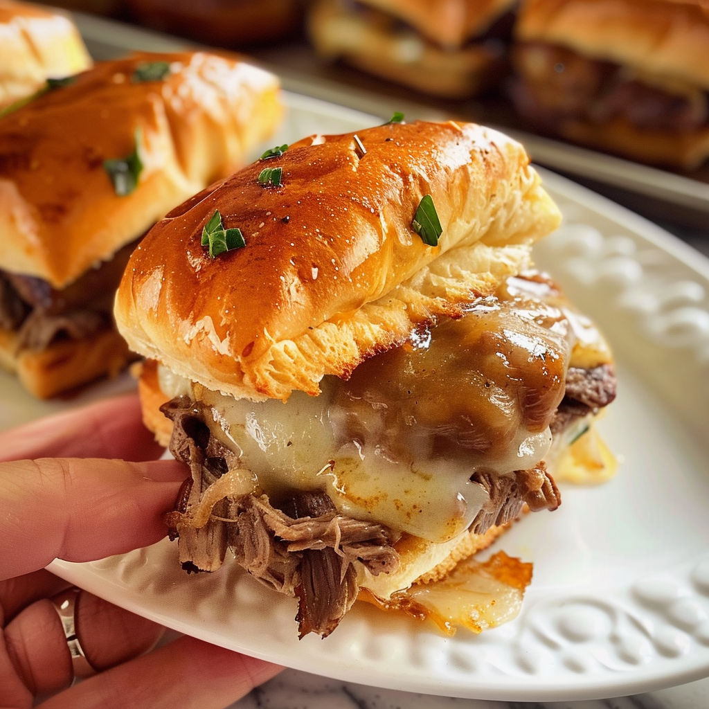A plate of sandwiches with meat and cheese.