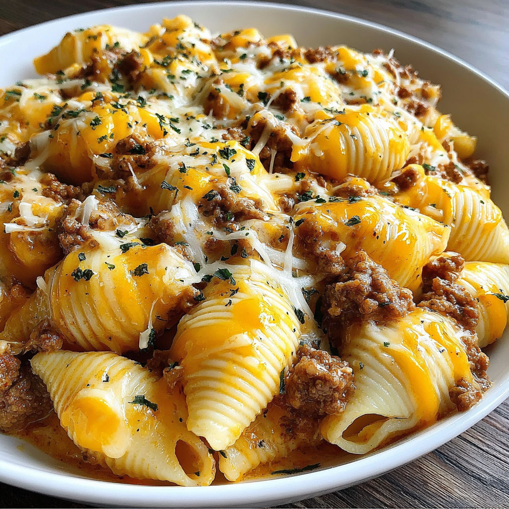 A plate of pasta with meat and cheese.