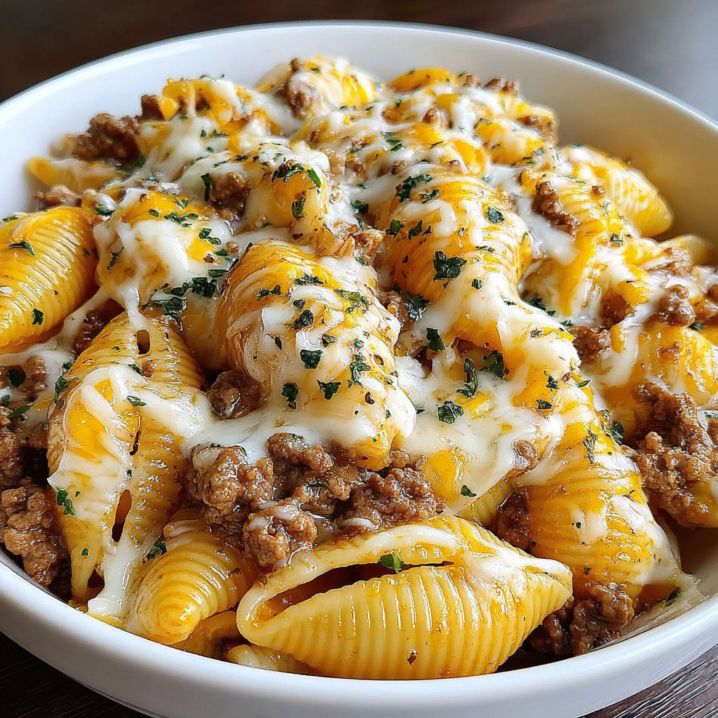A bowl of pasta with meat and cheese.
