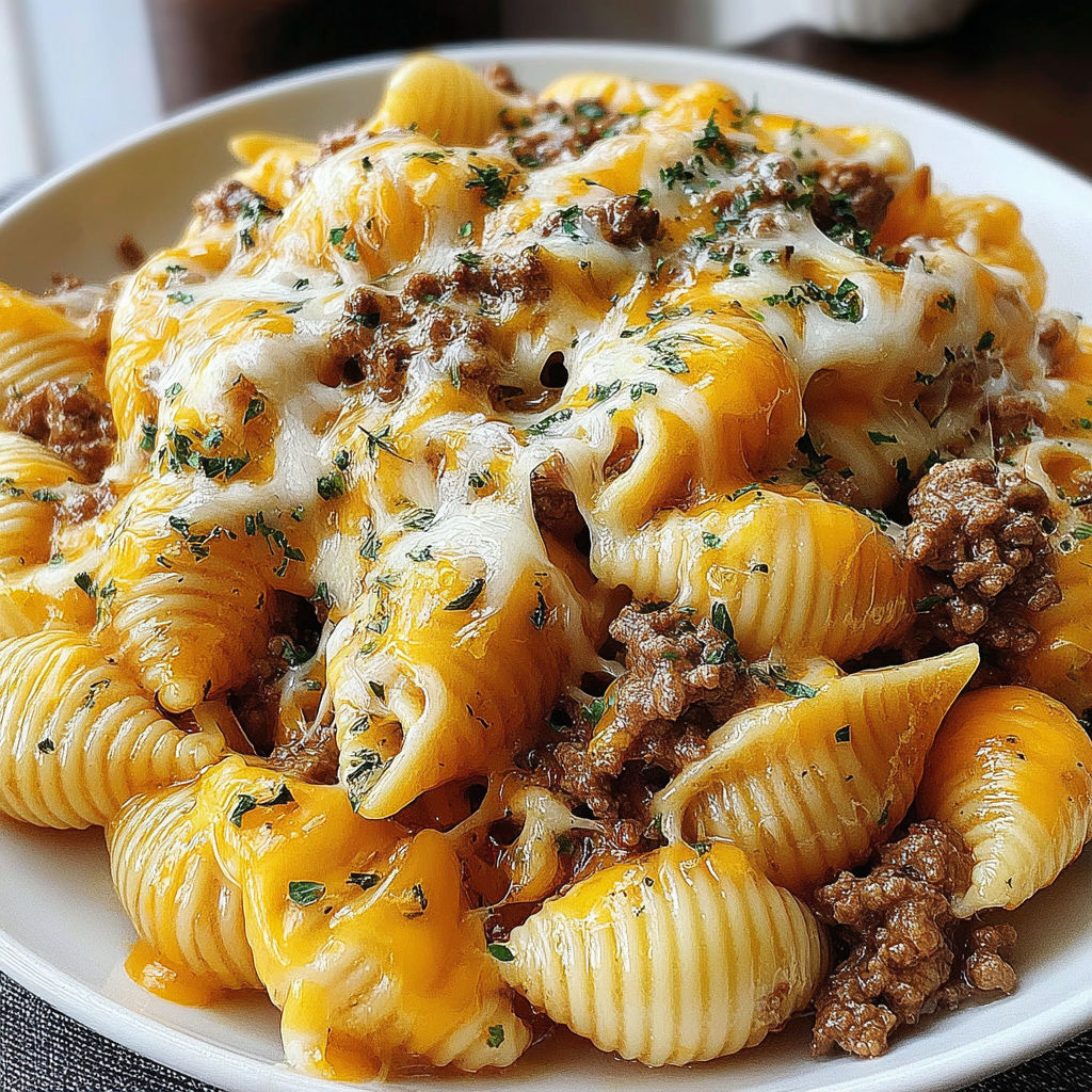 A plate of pasta with meat and cheese on top.
