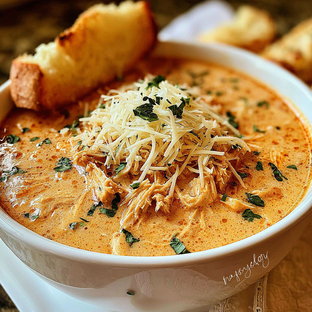 A bowl of soup with a piece of bread on top.