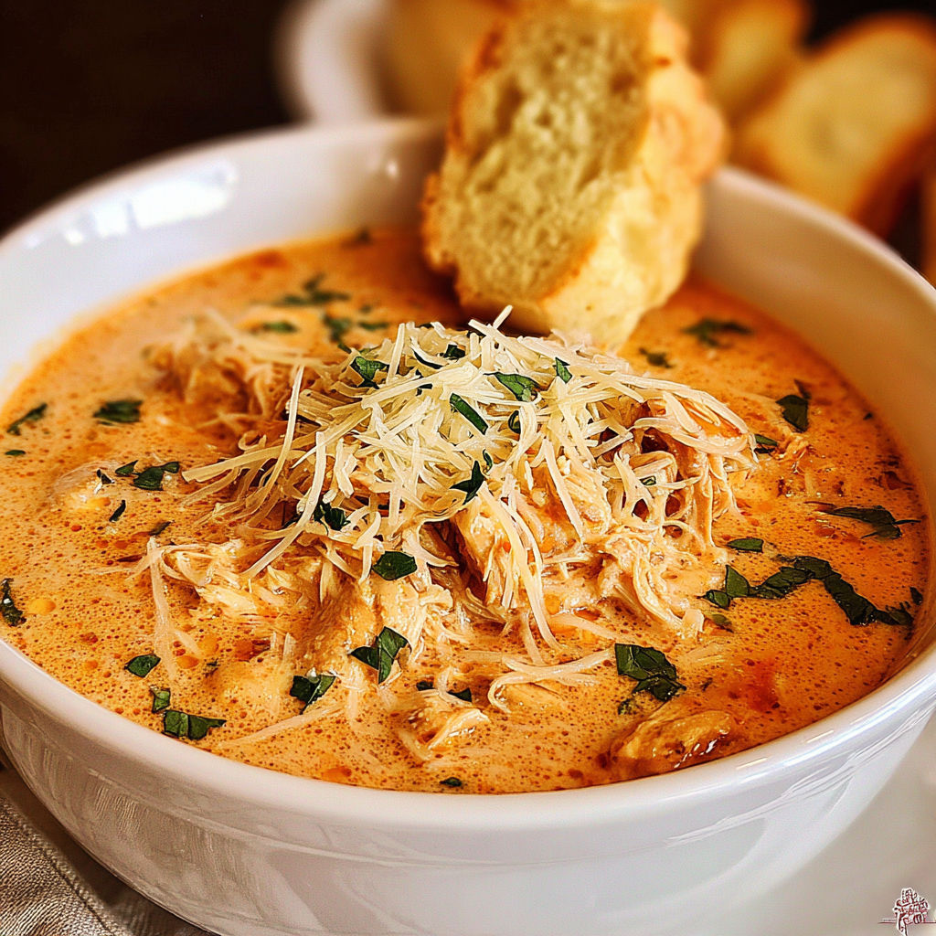 A bowl of chicken soup with Parmesan cheese on top.