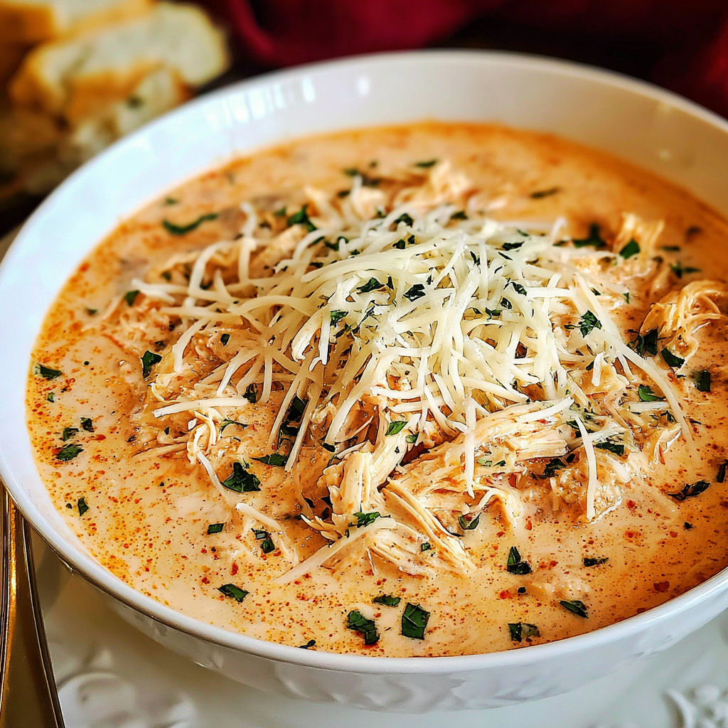 A bowl of creamy chicken parmesan soup.