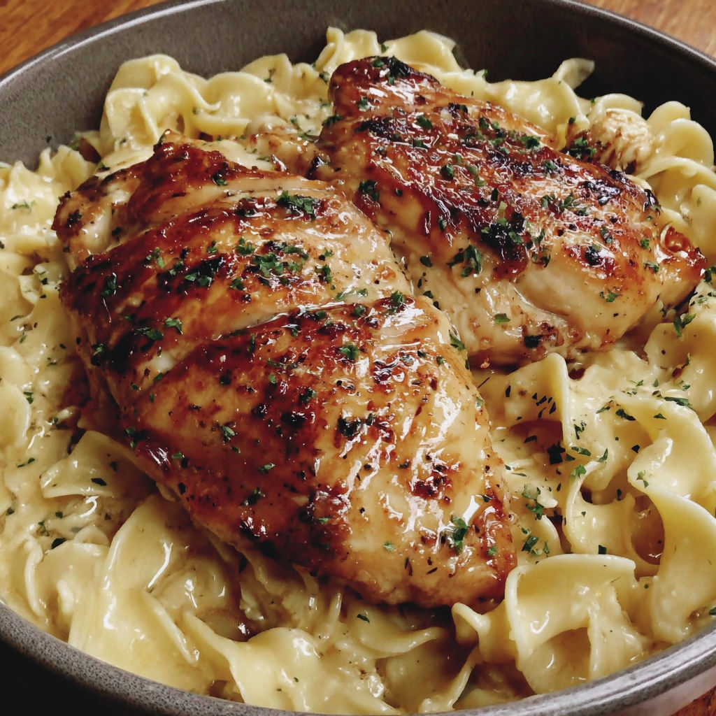 A plate of chicken and noodles.