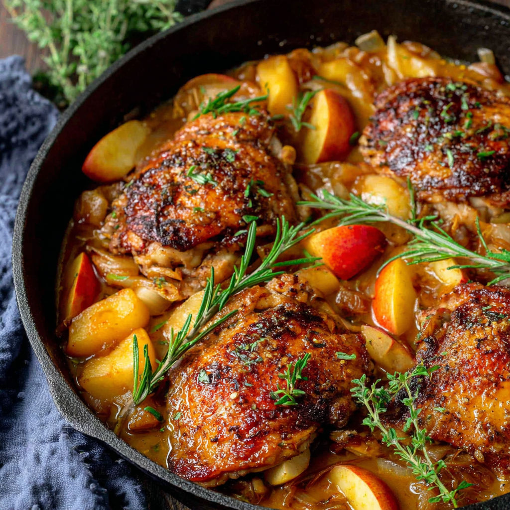 A pan of chicken with apples and onions.