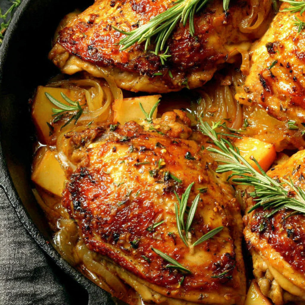 A close up of a pan of chicken with onions and herbs.