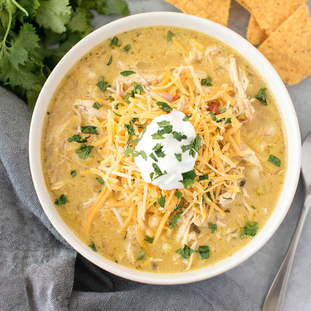 A bowl of chicken soup with a dollop of sour cream on top.