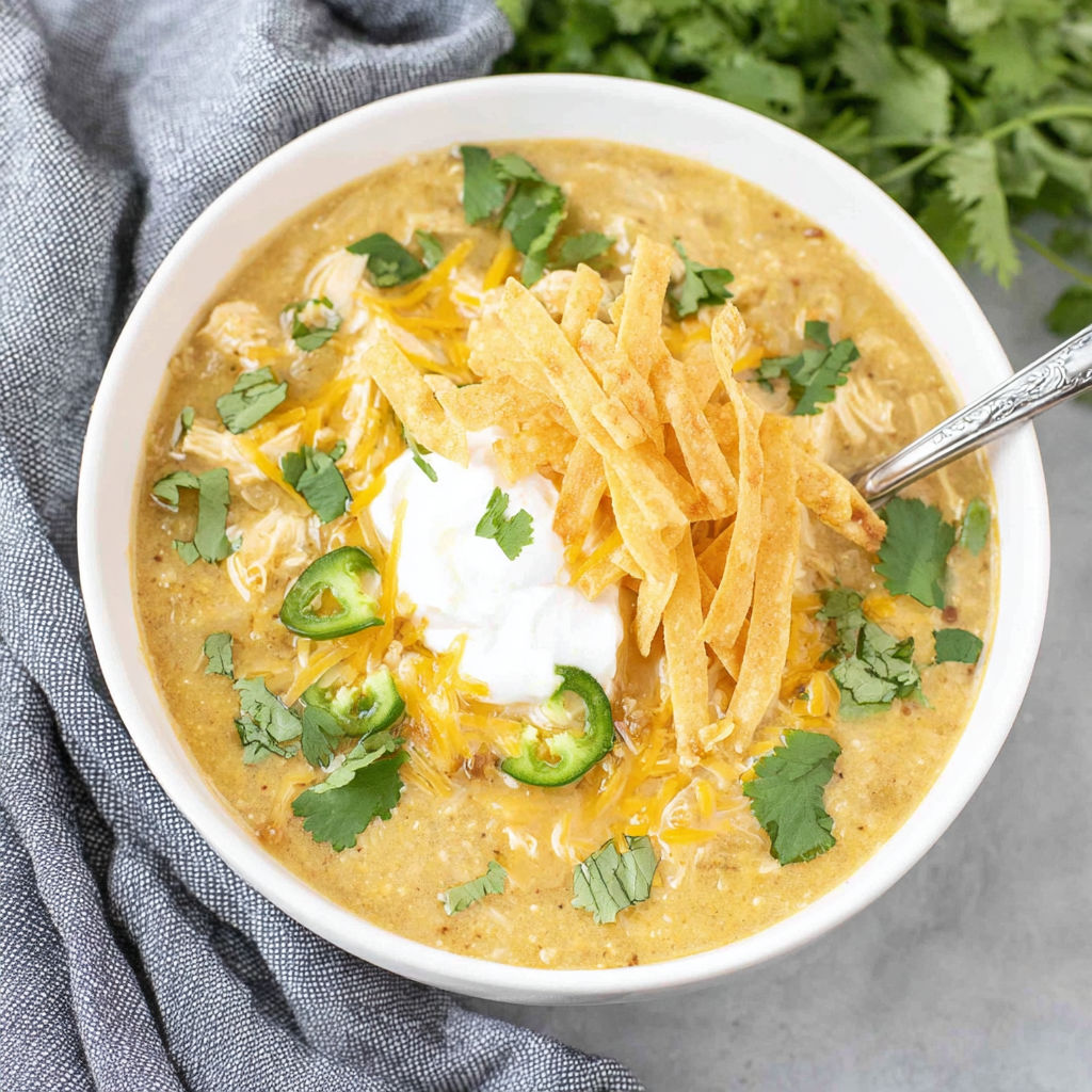 A bowl of green enchilada chicken soup.