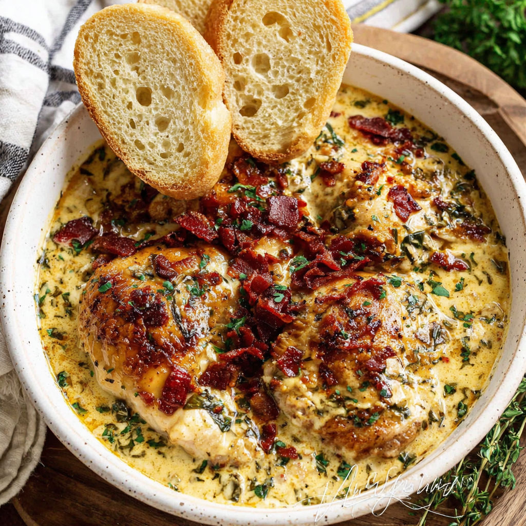 A bowl of food with bread and meat.