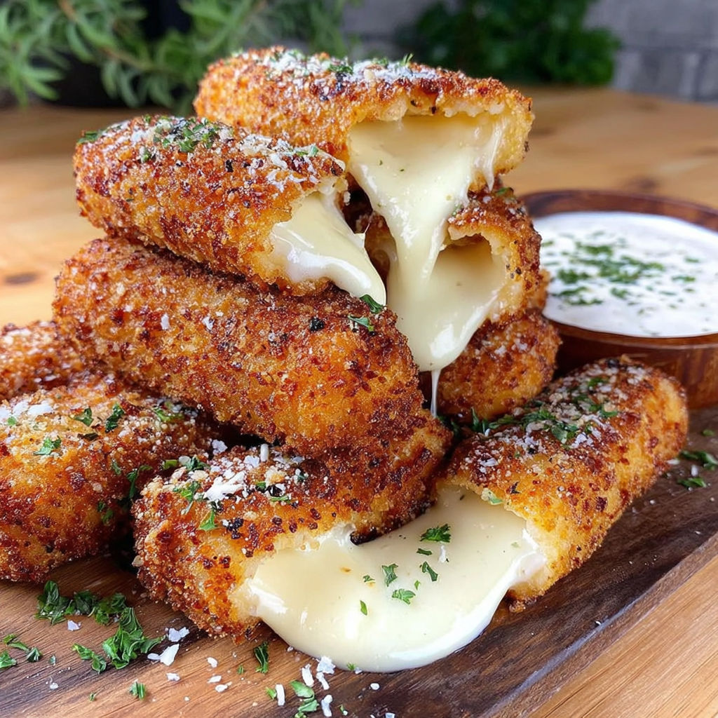 A stack of breaded food items with cheese and sauce on top.