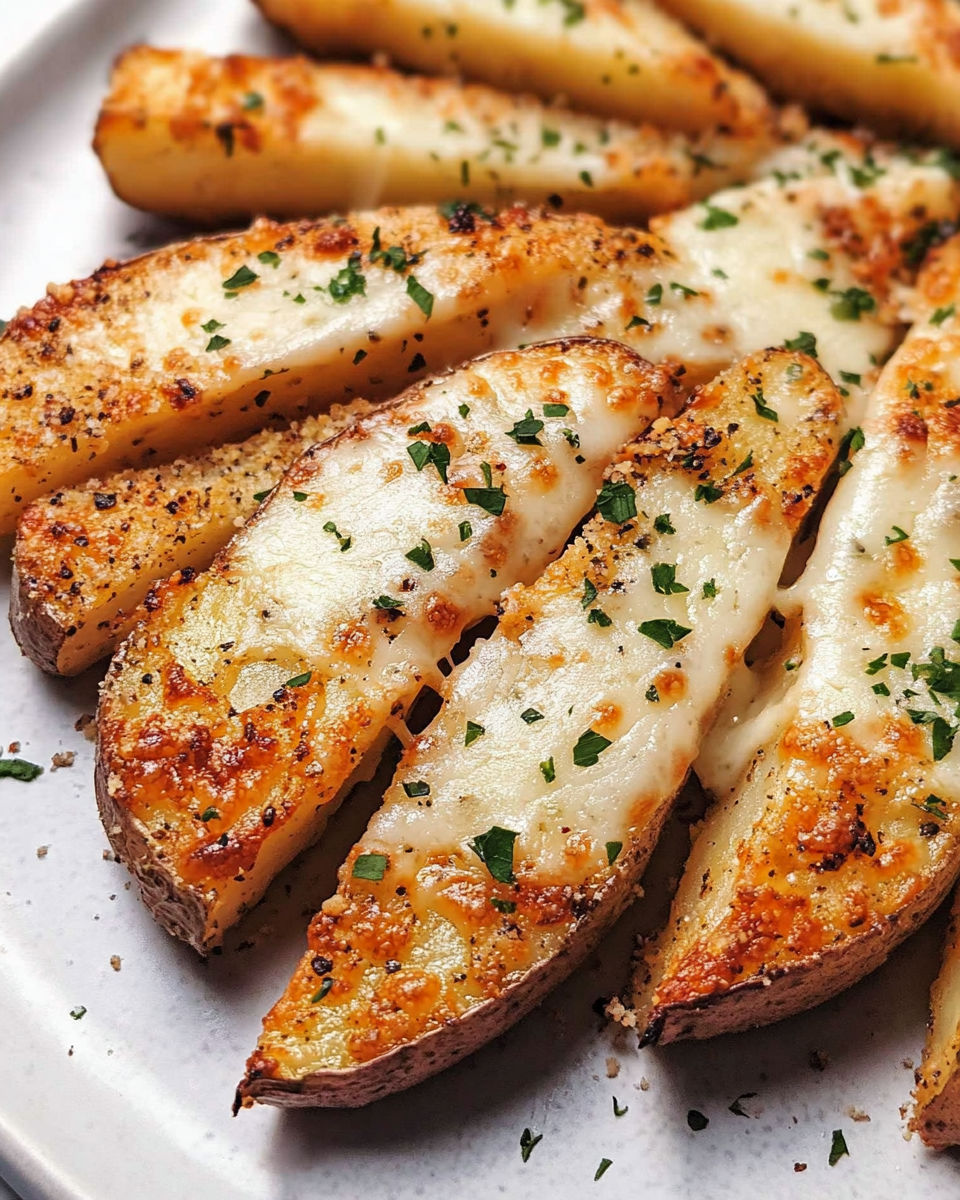 Baked garlic parmesan potato wedges on a plate.