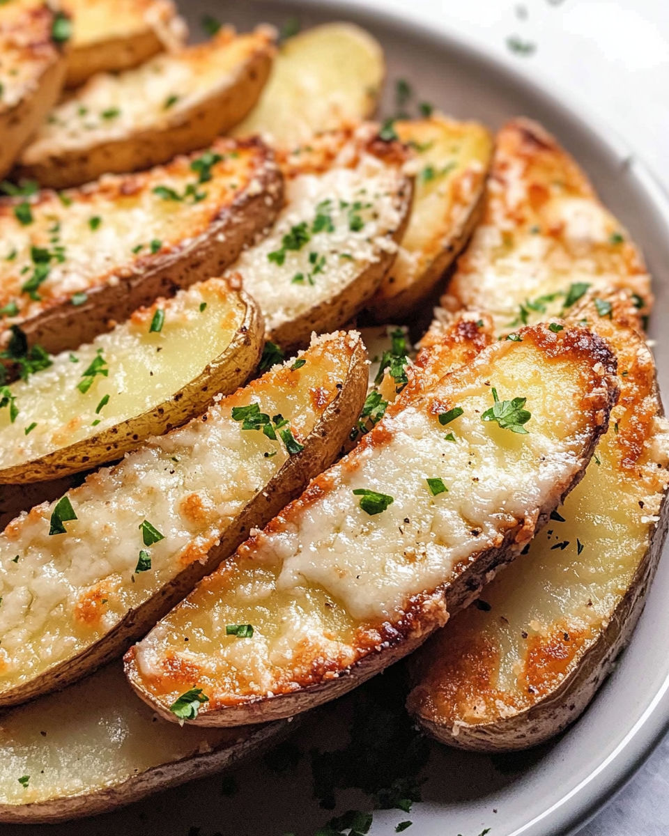 A plate of baked garlic parmesan potato wedges.