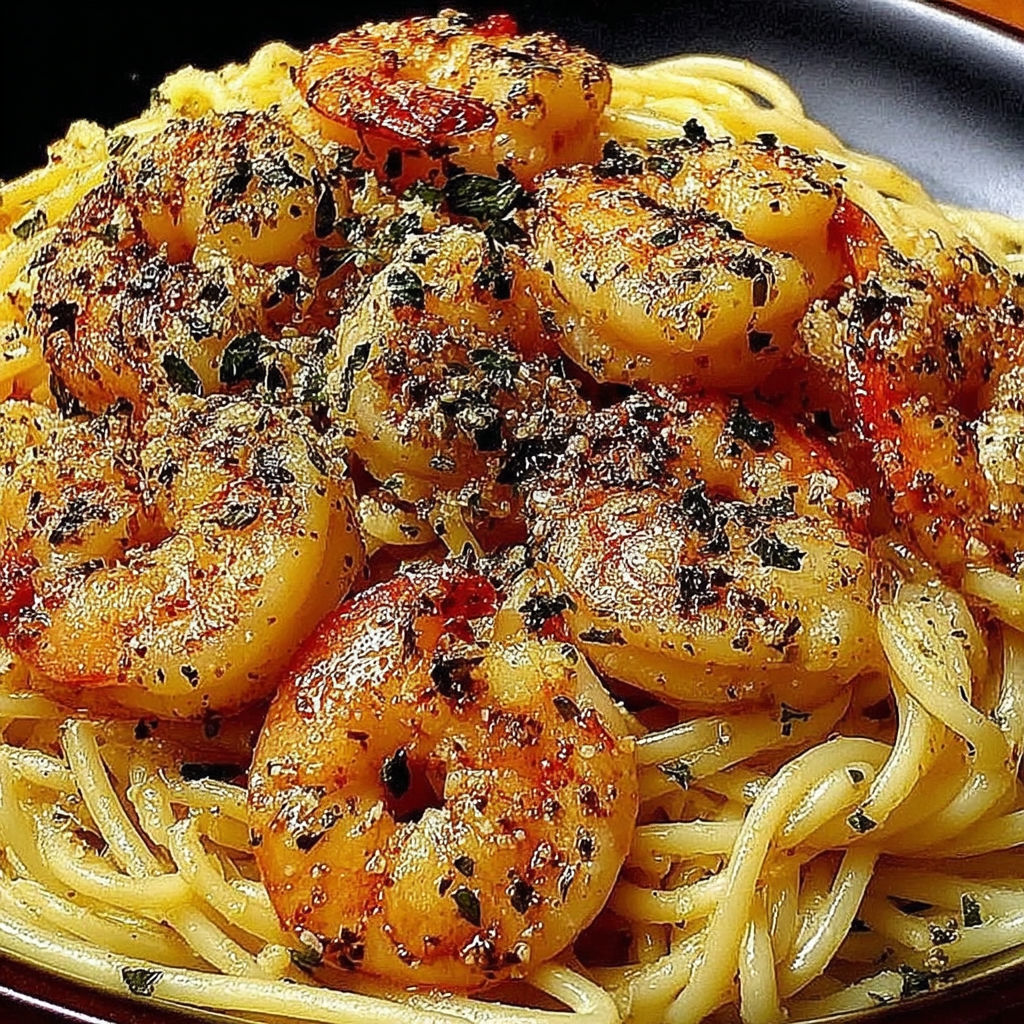 A bowl of garlic shrimp pasta with butter.