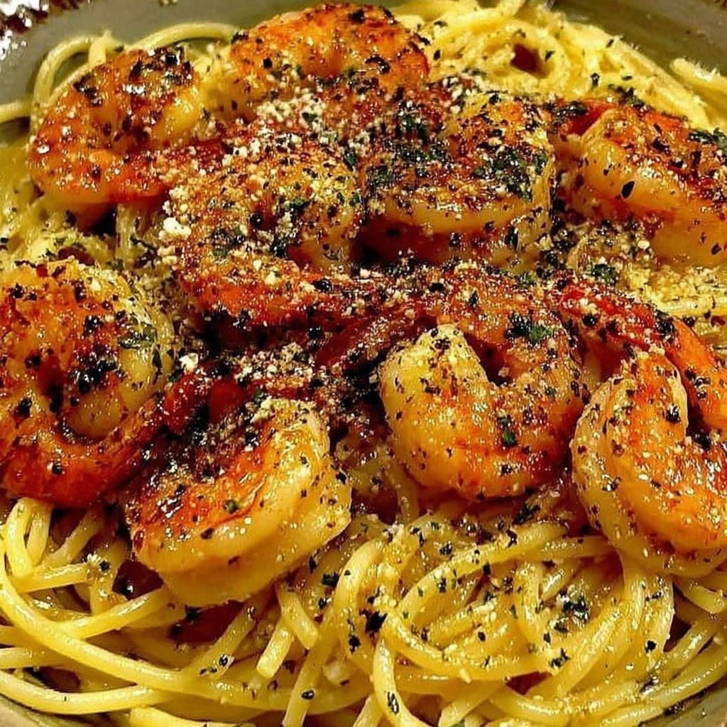 A bowl of shrimp and pasta with garlic and butter.