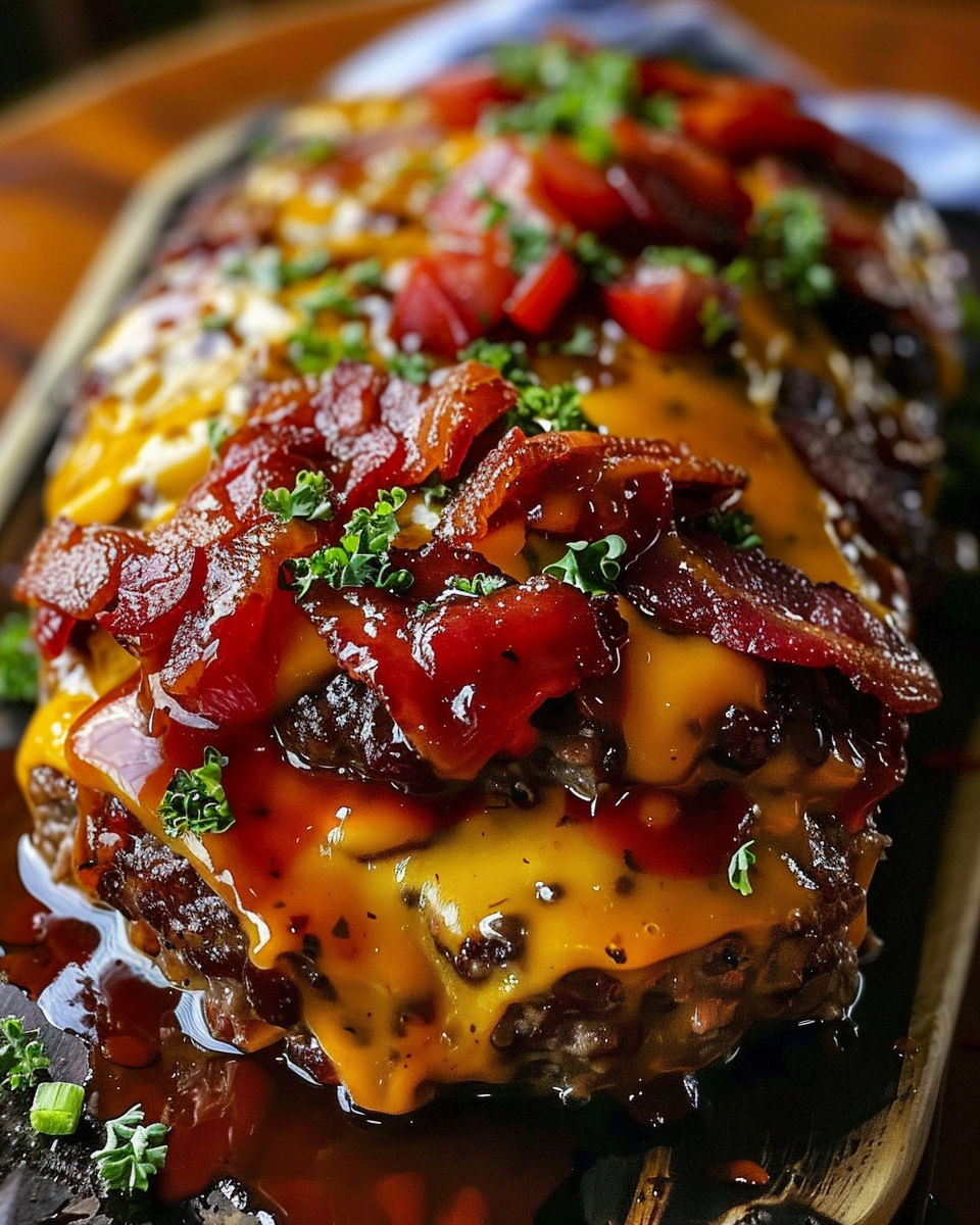 A close up of a bacon cheeseburger.