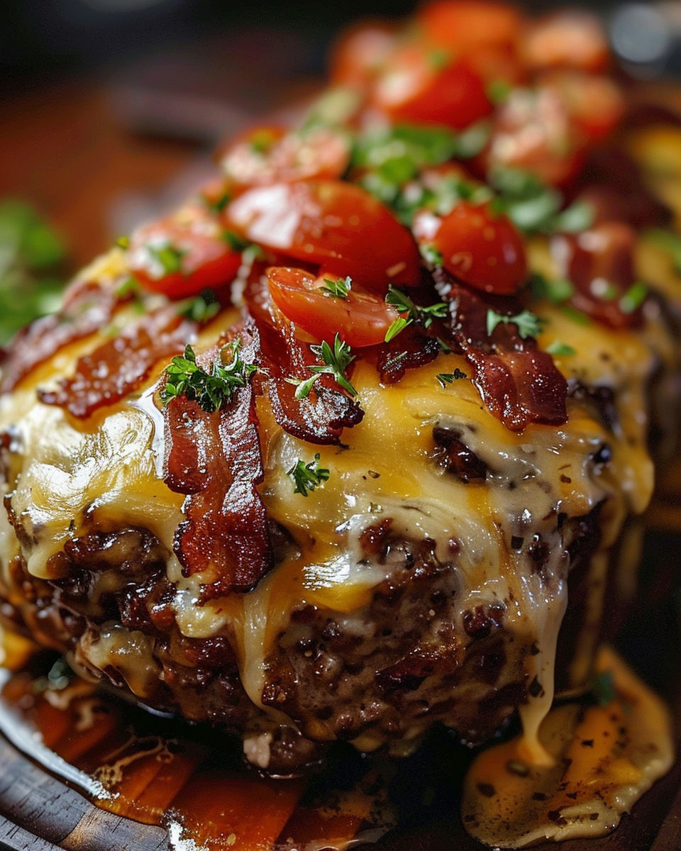 A close up of a hamburger with tomatoes and bacon.