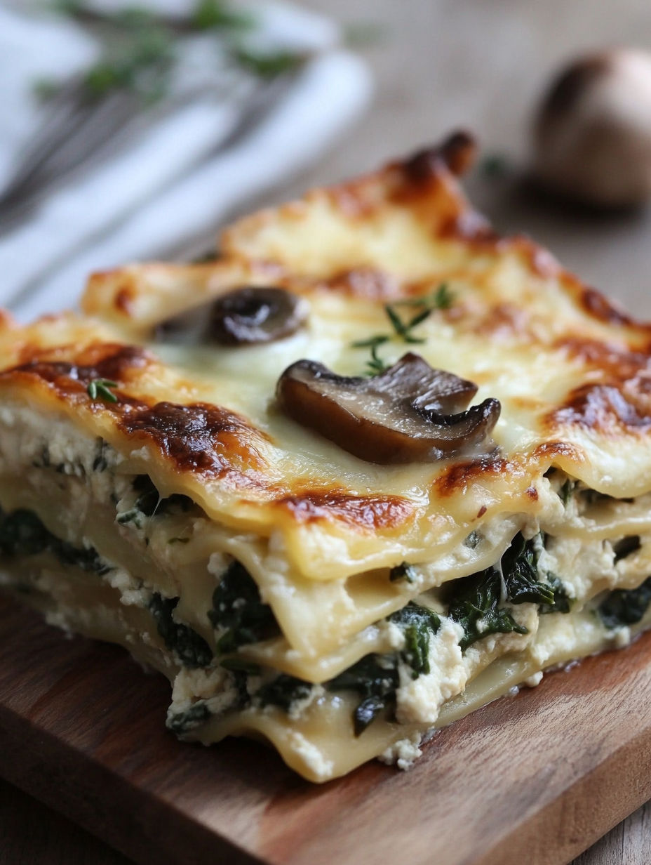 A close up of a spinach and mushroom white lasagna.
