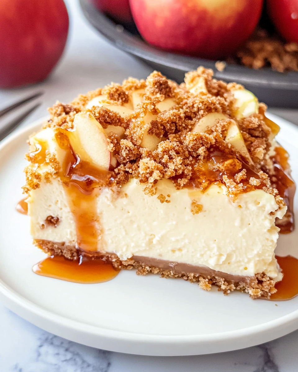 A slice of apple crisp cheesecake on a white plate.