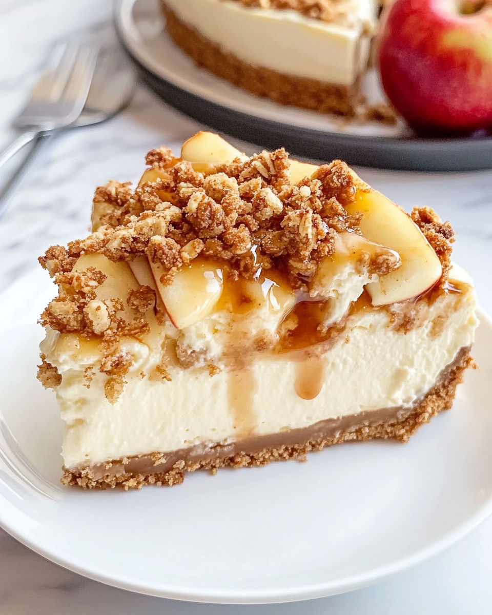 A slice of apple crisp cheesecake with caramel drizzle.