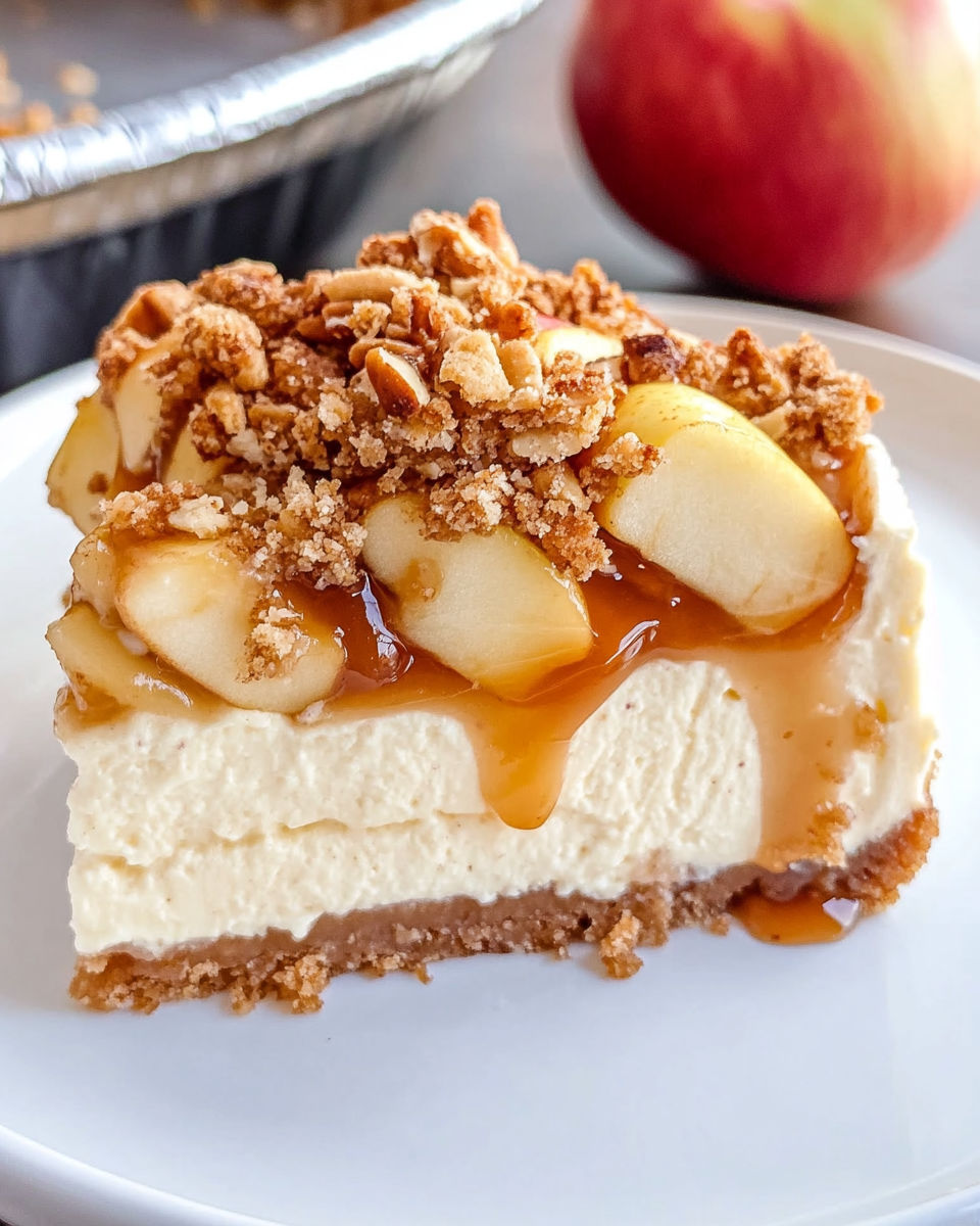 A slice of apple crisp cheesecake.