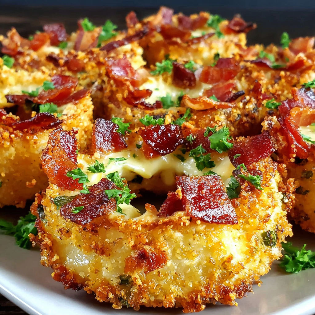 Bacon wrapped onion rings with cheese.