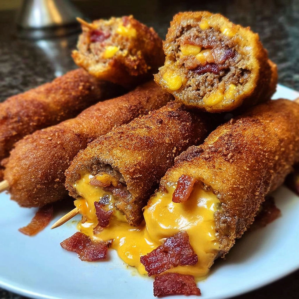 A plate of deep-fried turkey bacon cheeseburger corn dogs.