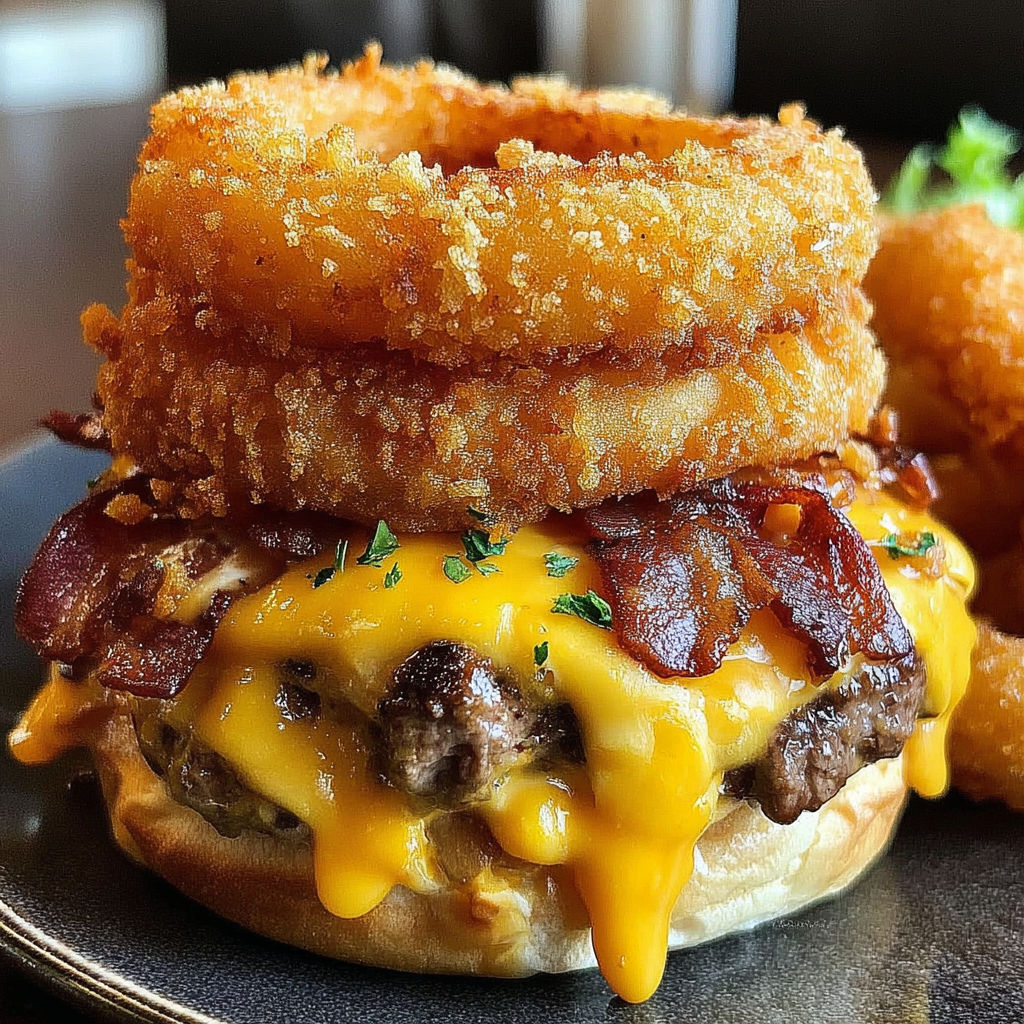 A loaded turkey bacon cheeseburger with onion rings.