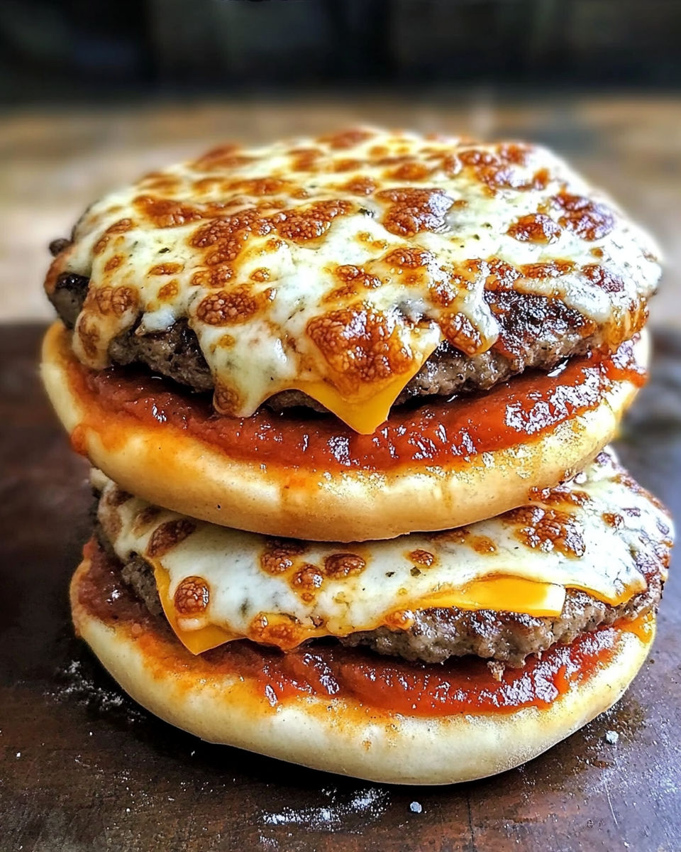 A stack of three cheese burgers.