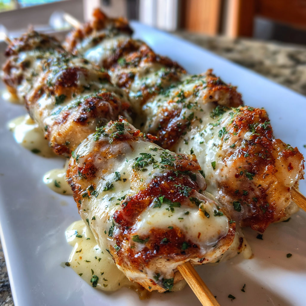 Chicken skewers with garlic and mozzarella cheese.