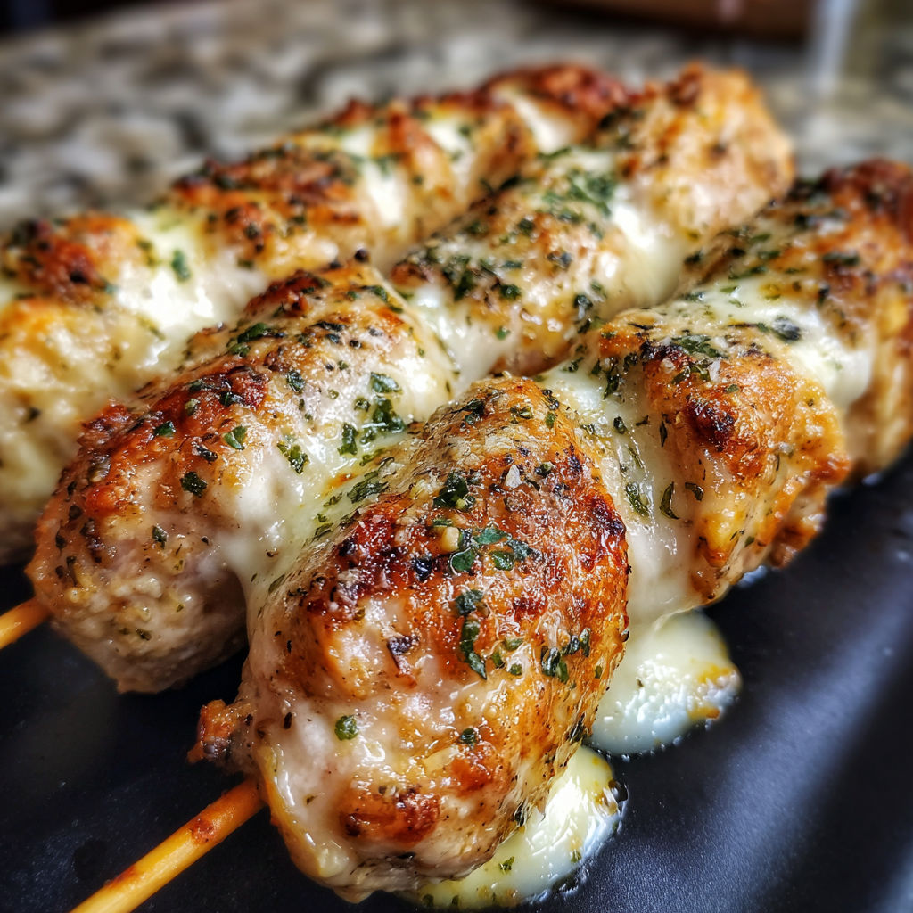 A skewer of meat with cheese on it.