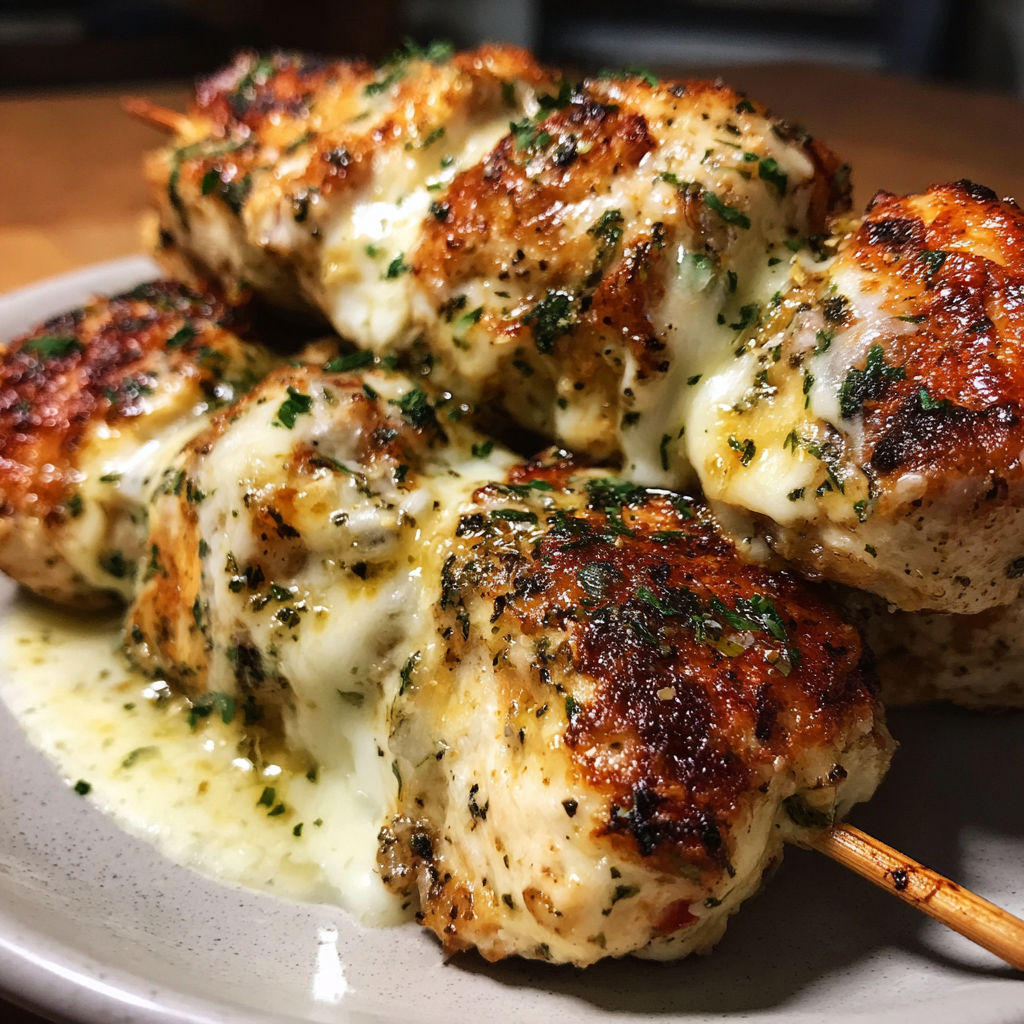 A plate of chicken skewers with cheese and herbs.
