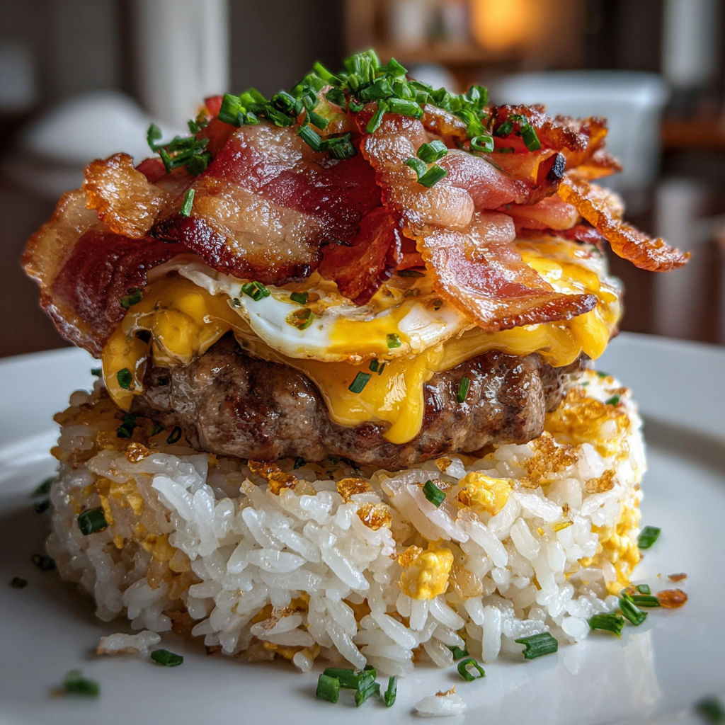 A turkey bacon cheeseburger on rice.