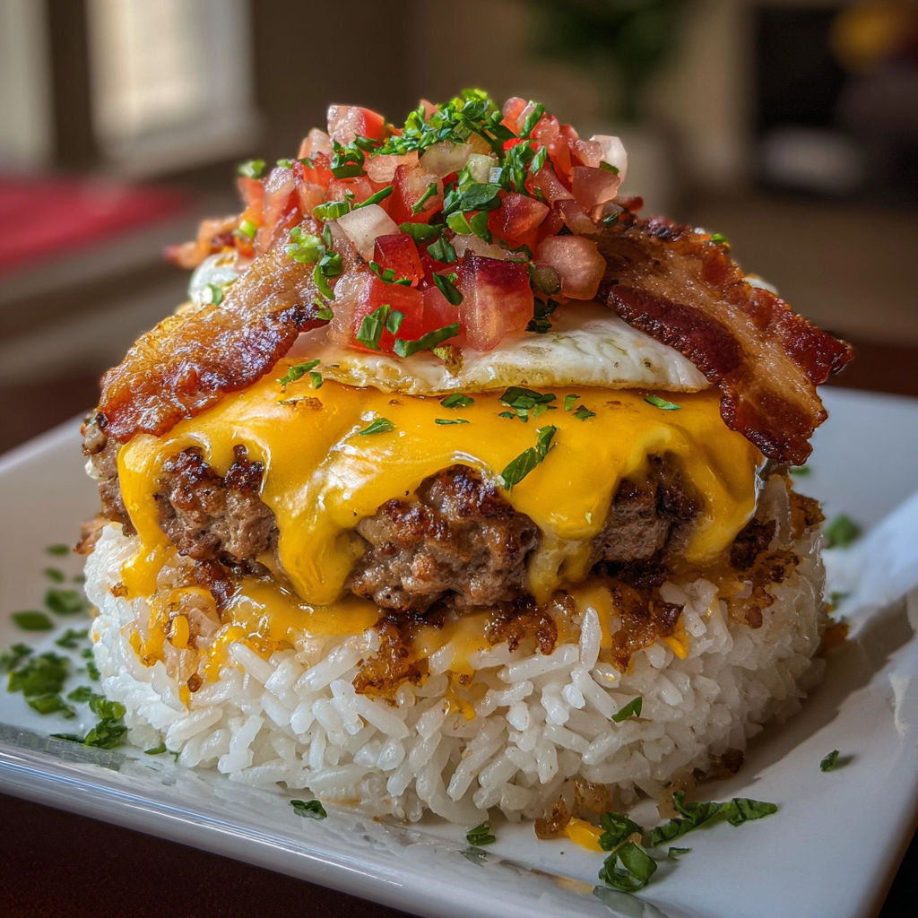 A plate of food with a turkey bacon cheeseburger and rice stack.
