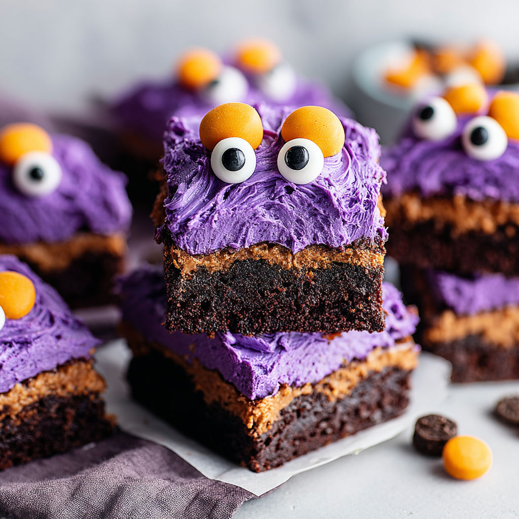 A close up of a chocolate and purple monster mash brownie.