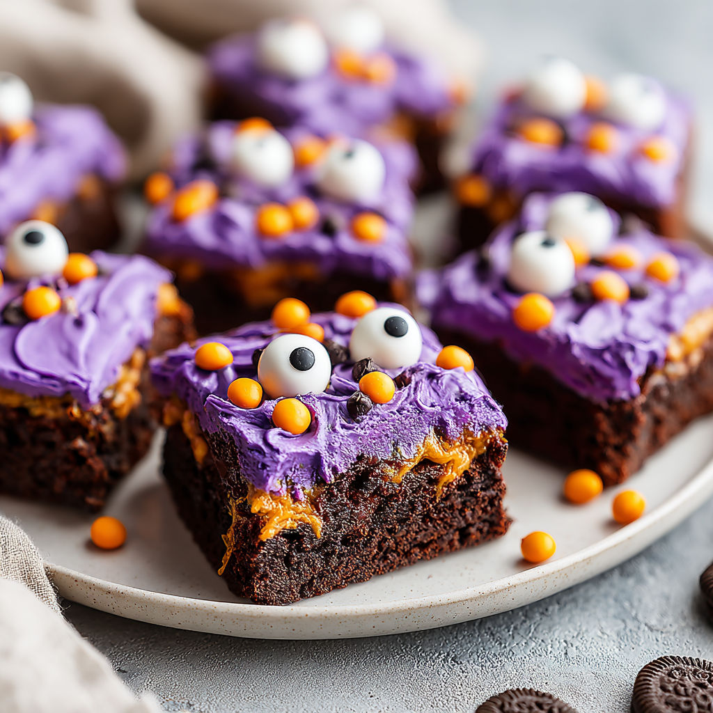 A plate of brownies with eyes and a mouth.