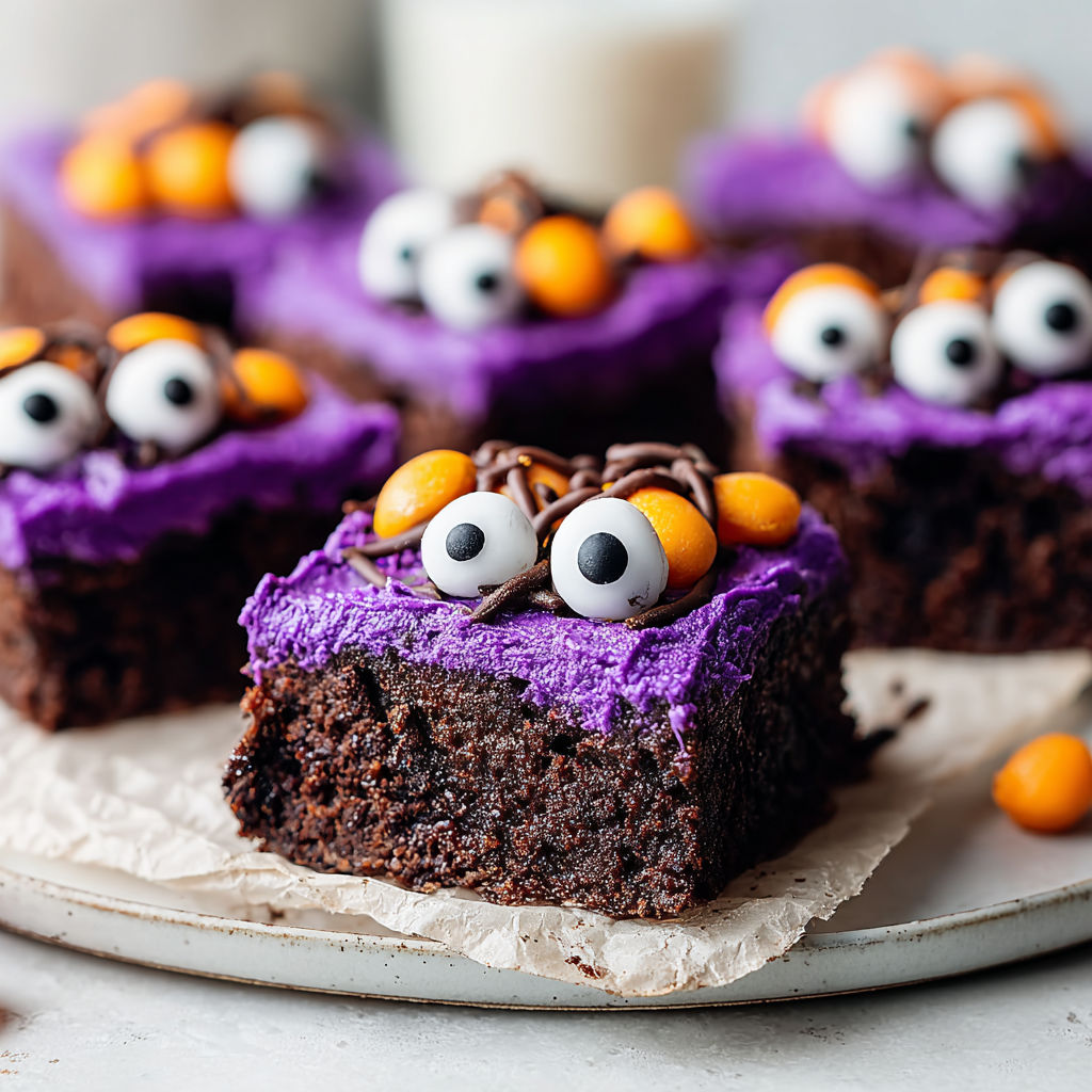 A plate of brownies with eyes and a spider web on top.
