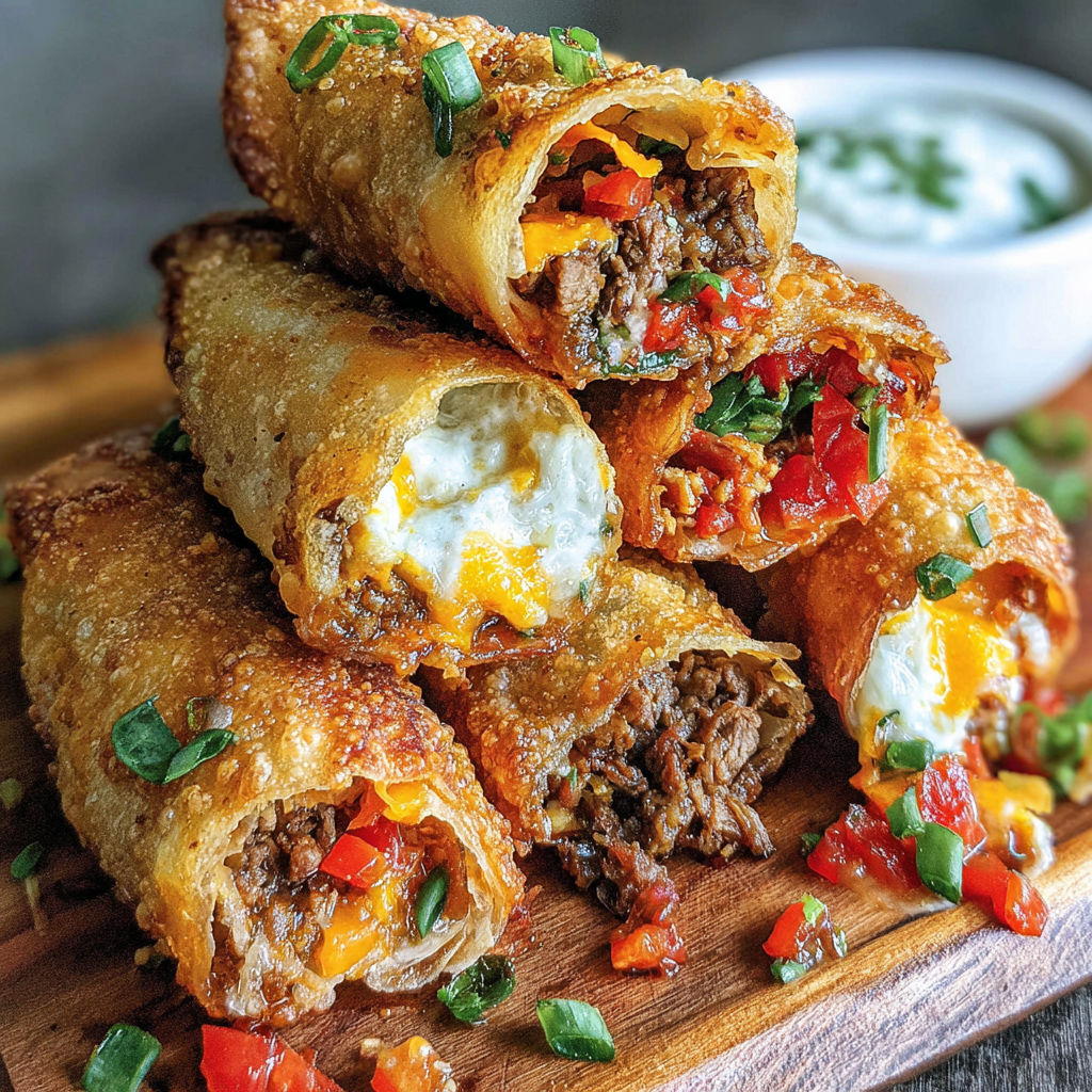 Crispy nacho egg rolls on a wooden table.